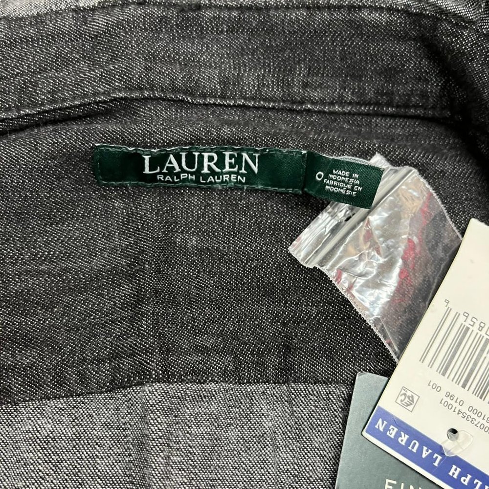 NWT Lauren by Ralph Lauren Black Denim Ruffle Button Down Blouse top t shirt - Picture 6 of 9